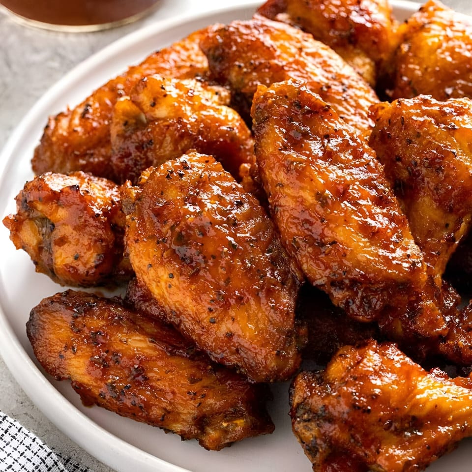 A close-up of several glossy, golden-brown chicken wings seasoned with black pepper on a white plate.